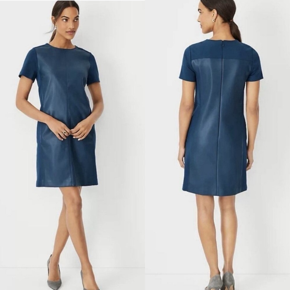 ANN TAYLOR Mixed Media Blue Faux Leather Panels Short Sleeve Mini Sheath Dress